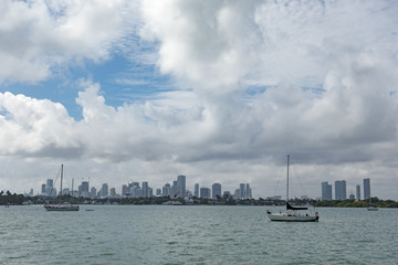 Naklejka premium Sailboats in Miami, Florida Bay on a Cloudy Day With Downtown Skyscraper Backdrop