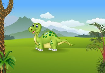 Cartoon cute dinosaur posing with the prehistoric background © tigatelu