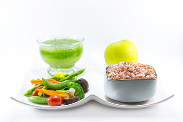 Clean food, brown rice with mix vegetable smoothie and apple, Fresh green smoothie...