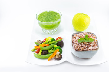 Clean food, brown rice with mix vegetable smoothie and apple, Fresh green smoothie...