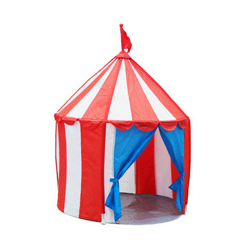 Colorful opened children circus tent with flag on top isolated o