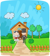 Bride and groom in front of small house

