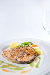 Grilled Salmon with fresh salad . Selective focus..