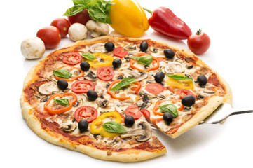 Pizza with ham, pepper and olives