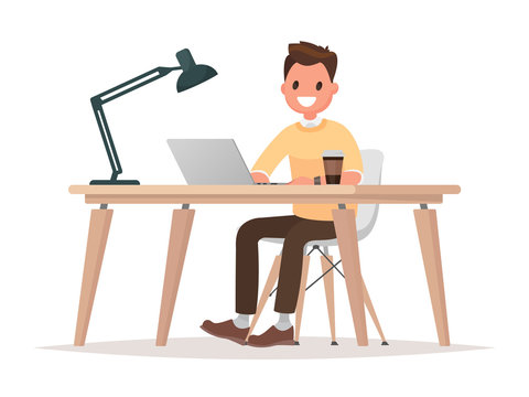 Business man at his desk is working on the laptop computer. Stock Vector |  Adobe Stock