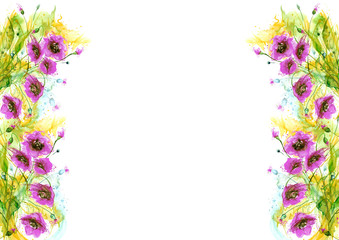 Watercolor poppy flowers. Painting, hand drawing, paint splash. Beautiful vintage card, invitation, announcement, frame with place for text. A series of works.