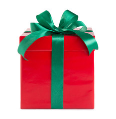 red gift box with green ribbon and bow isolated