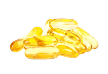 Cod liver oil omega 3 gel capsules isolated on white background