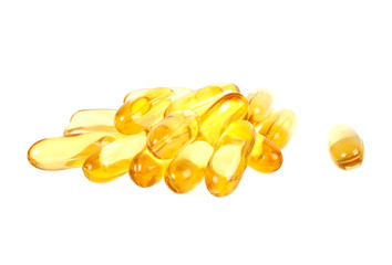 Cod liver oil omega 3 gel capsules isolated on white background