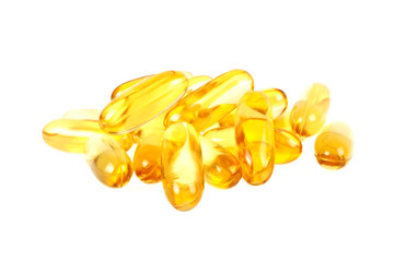 Cod liver oil omega 3 gel capsules isolated on white background