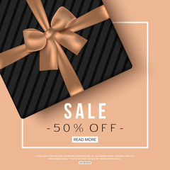 Winter sale banner with gift box. Top view. Vector illustration.