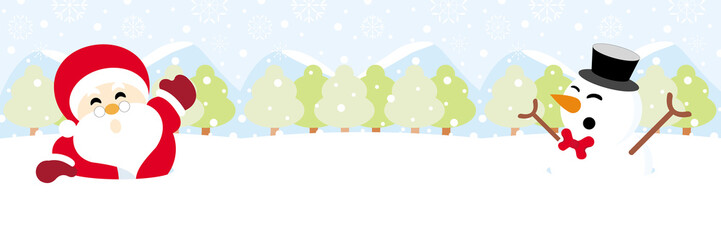 Santa claus and snowman on snow with snowy hills forests and snowflake christmas background