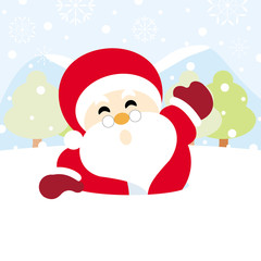Santa claus on snow with snowy hills forests and snowflake christmas background