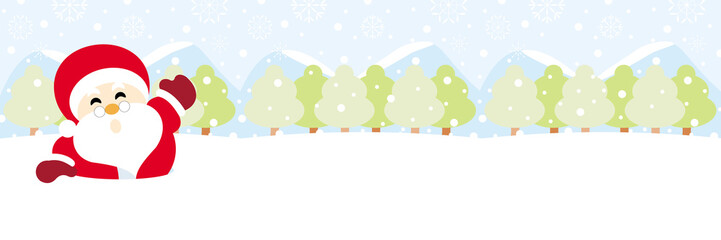 Santa claus on snow with snowy hills forests and snowflake christmas background
