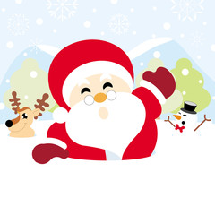 Santa claus, reindeer and snowman on snow with snowy hills forests and snowflake christmas background