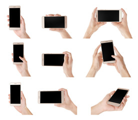 Obraz na płótnie Canvas Collage of hands with modern smartphone on white background