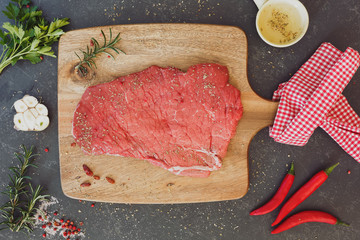 Uncooked beef steak seasoned with salt and spices