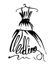 Fashion design illustration hand drawn. Woman wedding dress on hanger.