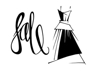 Fashion design vector illustration hand drawn. Woman dress isolated on white. Dress with Sale on hanger. Lettering.
