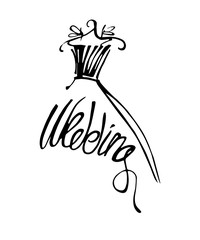 Fashion design illustration hand drawn. Woman wedding dress on hanger.