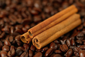 Roasted coffee beans and cinnamon