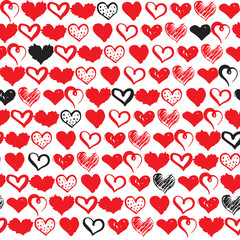 Valentines Day seamless pattern with different hearts, red and black. Concept of love.