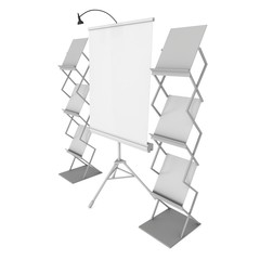 Blank Roll Up Expo Banner Stand on Tripod. Trade show booth white and blank. 3d render illustration isolated on white background. Template mockup for your expo design.