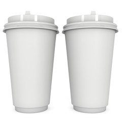 Disposable coffee cups. Blank paper mug with plastic cap. 3d render isolated on white background