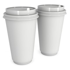 Disposable coffee cups. Blank paper mug with plastic cap. 3d render isolated on white background
