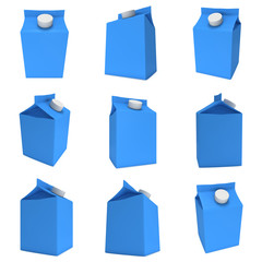 Milk or juice box with lid set. Retail package mockup. 3d render illustration isolated on white.