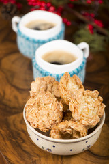 cup of coffee on a wooden background.