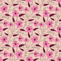 Seamless floral pattern background, flowers ornament wallpaper textile Illustration. pink flowers on a beige background.