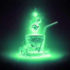 Fresh, frosty green background with cocktails and ice