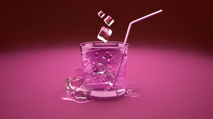 Glamorous pink background with cocktail glass and ice
