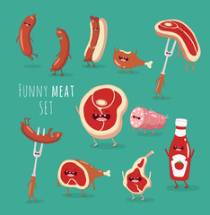 Funny meat set. Sausage, steak, beef, ham, ketchup, chicken leg all the barbecue. vector illustration. - 130482371