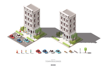 isometric town buildings with people, car and tree vector icon d