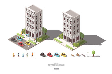 isometric town buildings with people, car and tree vector icon d