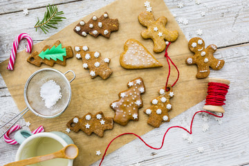 Homemade Christmas cookies in a jar on wooden rustic background. 