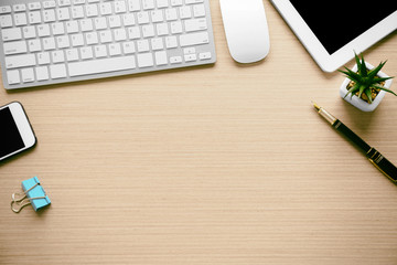 Office tools on wooden background