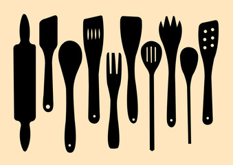 Wooden spoons, rolling pin and spatulas silhouette. Good use for symbol, logo, web icon, sign, or any design yo want.