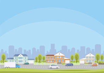 The cottage settlement on the suburb of the big city. Vector background