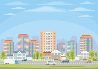 The cottage settlement on the suburb of the big city. Vector background