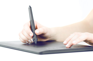 Hand Drawing On Professional Graphic Tablet Isolated On White