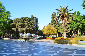 Fountain Square in Baku, Azerbaijan. Sitting and walking on Fountain Square - a favorite occupation of Baku residents.