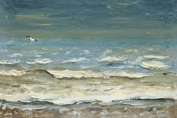 painting oil on canvas - Sea after the storm foaming waves and seagulls over the water.