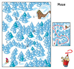 Find your way to the house. Beware of wolves! Educational maze game for children. Cartoon vector illustration