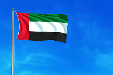 United Arab Emirates flag on the blue sky background. 3D illustration