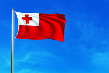 Flag of Tonga on the blue sky background. 3D illustration