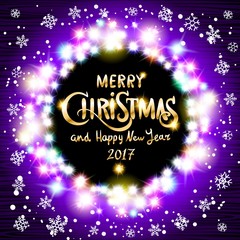 Merry Christmas and Happy New Year 2017 realistic ultra violet colorful light garlands like round frame on a transparent background, vector.