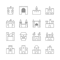 Fototapeta na wymiar Historical ancient castle linear icons. Citadel and chateau fortress outline vector 